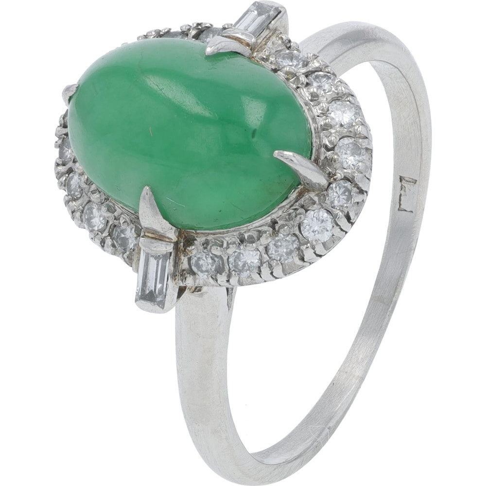 Platinum 3.16 Carat Oval Cabochon Jade Ring with Round and Baguette Diamond Halo Accents - 0.25 Carat Total Diamond Weight