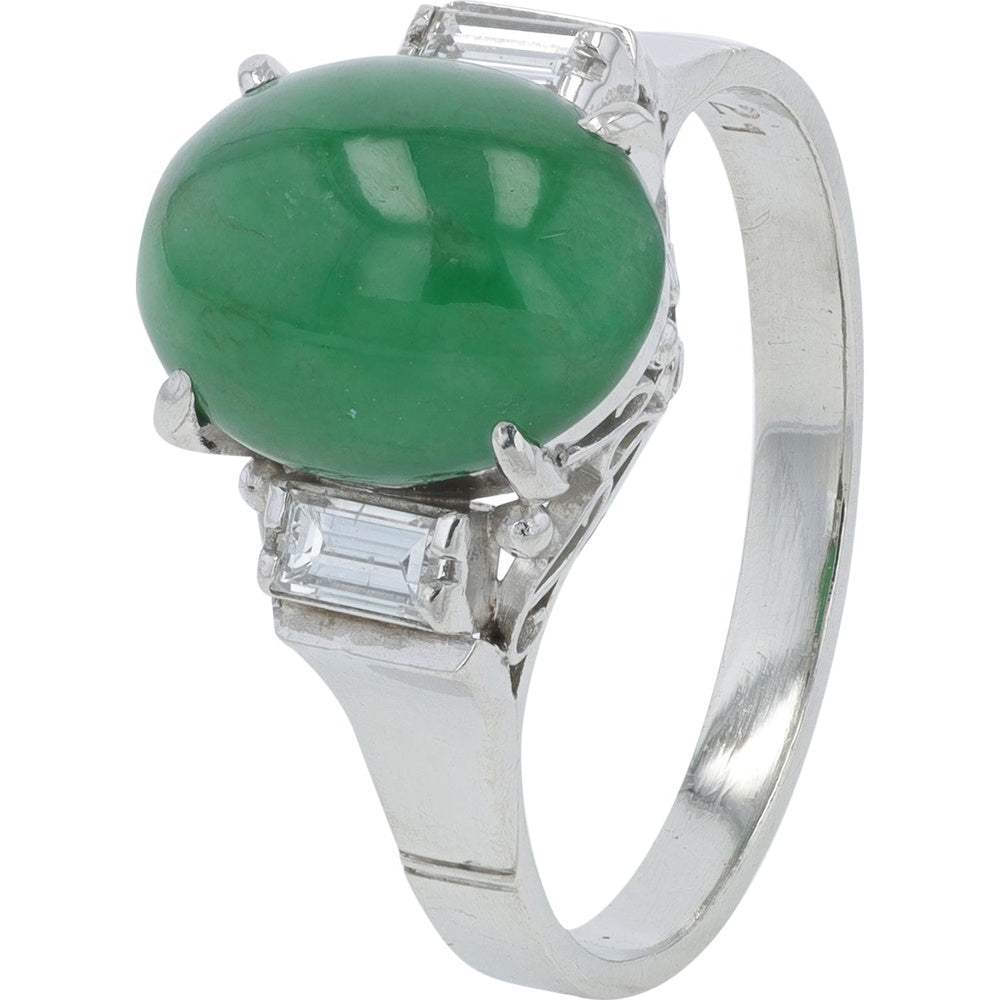 Platinum 3.31 Carat Oval Cabochon Jade Ring with Baguette Diamond Accents - 0.21 Carat Total Diamond Weight