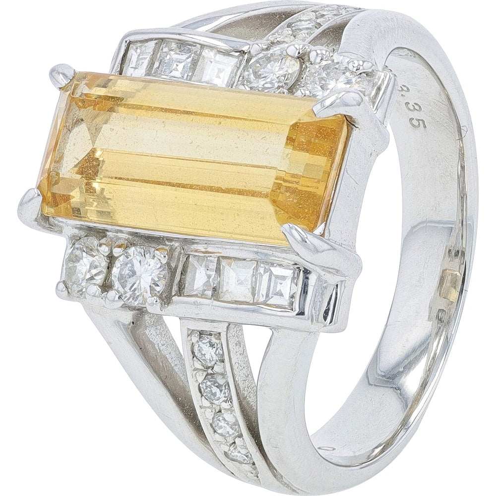 Platinum 3.35 Carat Step-Cut Imperial Topaz Ring with 0.50 Carat Round and Baguette Diamond Accents - Size 5.75