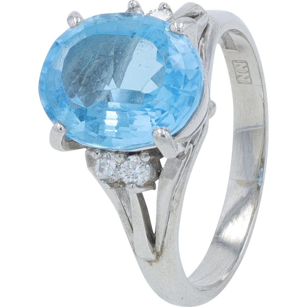 Platinum 3.40 Carat Oval Blue Topaz Ring with Round Diamond Accents - Size 5