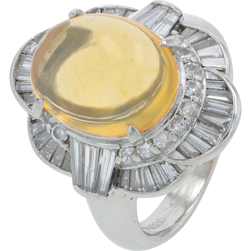 Platinum 3.458 Carat Fire Opal Ring with Baguette and Round Diamonds - 1.29 Carat Total Diamond Weight