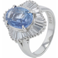 Platinum 3.48 Carat Natural No Heat Ceylon Sapphire Ballerina Ring with Baguette Diamond Halo - 0.73 Carat Total Diamond Weight