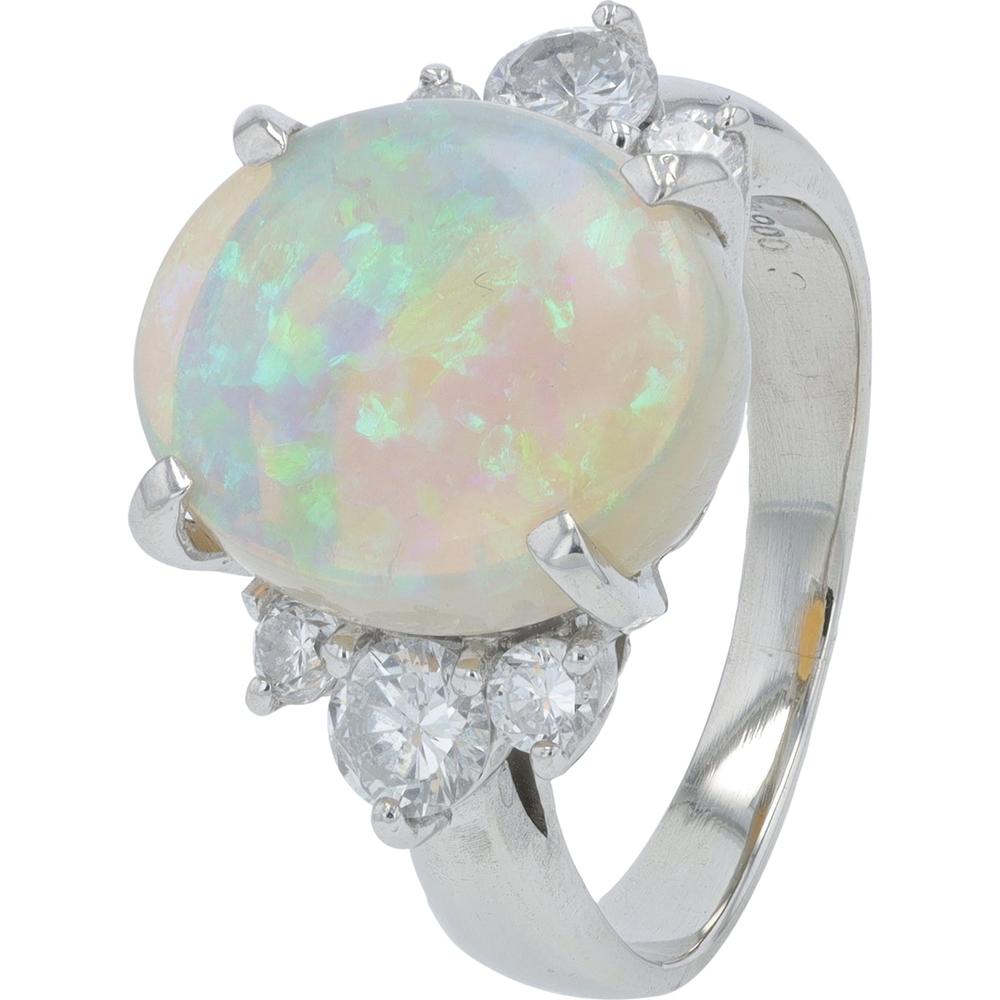 Platinum 3.49 Carat Opal Center Ring with Diamond Accents - 0.58 Carat Total Diamond Weight