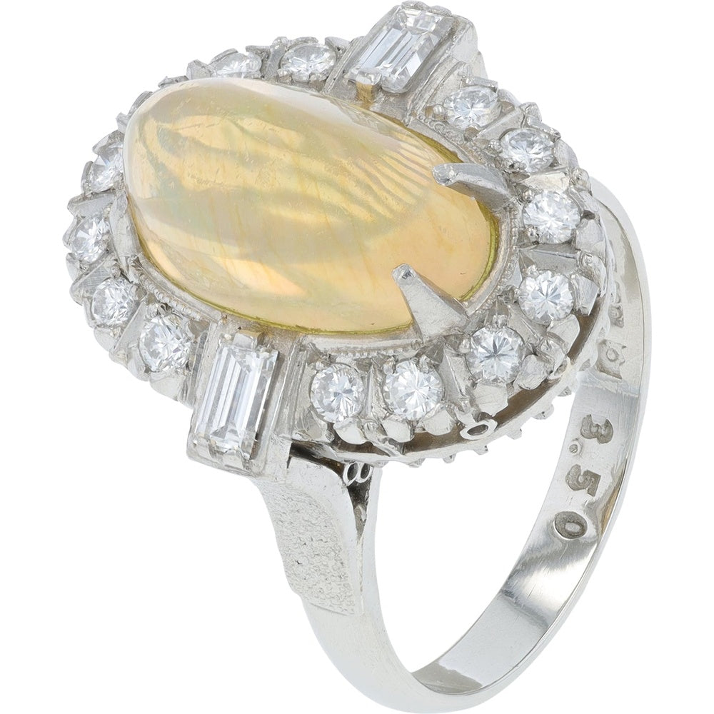 Platinum 3.50 Carat Oval Cabochon Opal Ring with Baguette and Round Diamond Halo - 0.53 Carat Total Diamond Weight