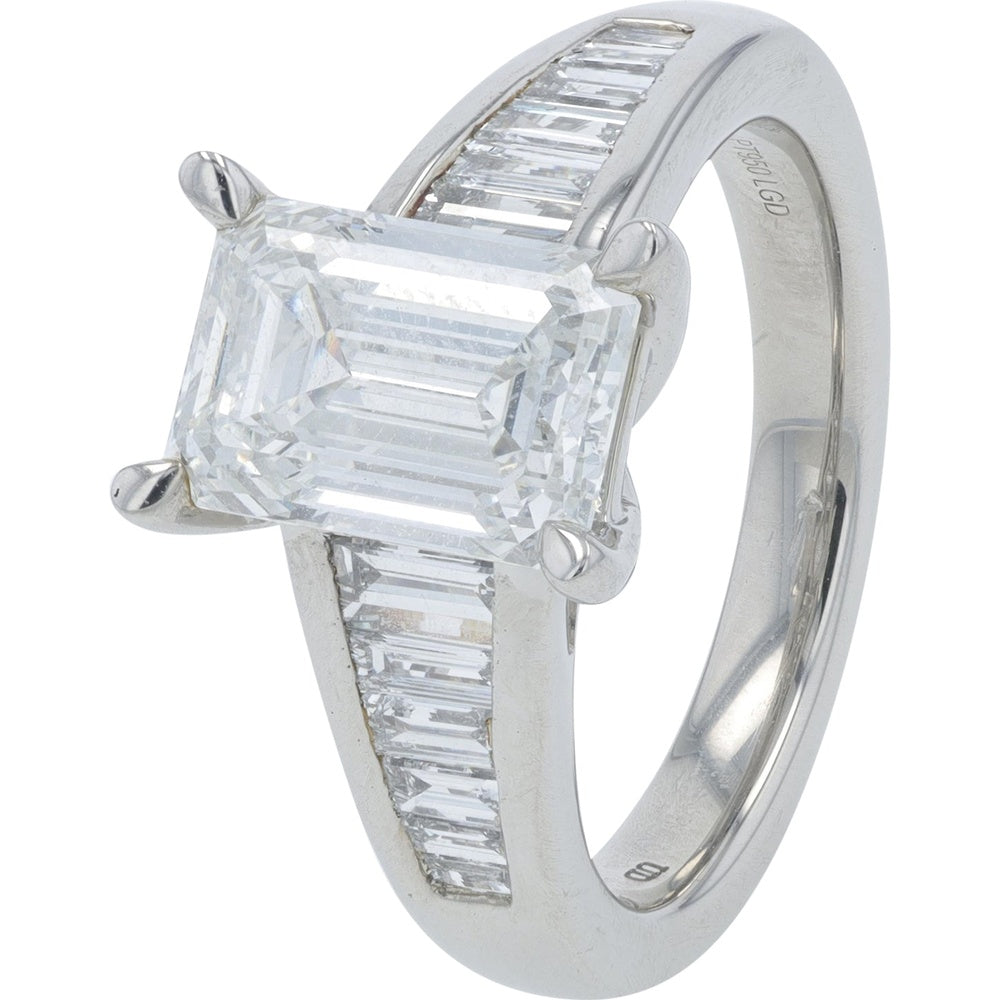 Platinum 3.50 Carat Total Weight Engagement Ring with Emerald Cut Lab Grown Diamond and Channel Set Baguette Accents - IGI Certified