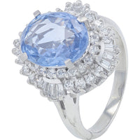 Platinum 3.54 Carat Natural No Heat Ceylon Sapphire Ring with Round and Baguette Diamond Halo - 0.61 Carat Total Diamond Weight
