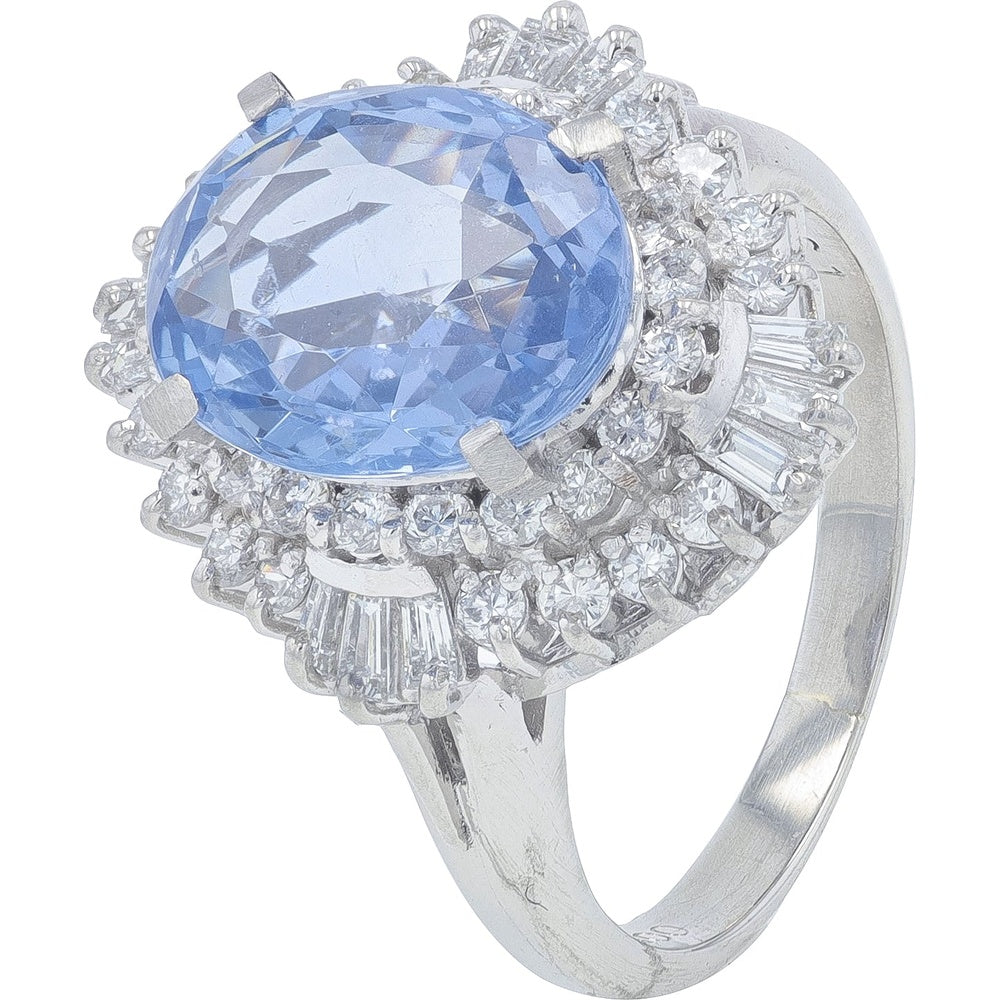 Platinum 3.54 Carat Natural No Heat Ceylon Sapphire Ring with Round and Baguette Diamond Halo - 0.61 Carat Total Diamond Weight
