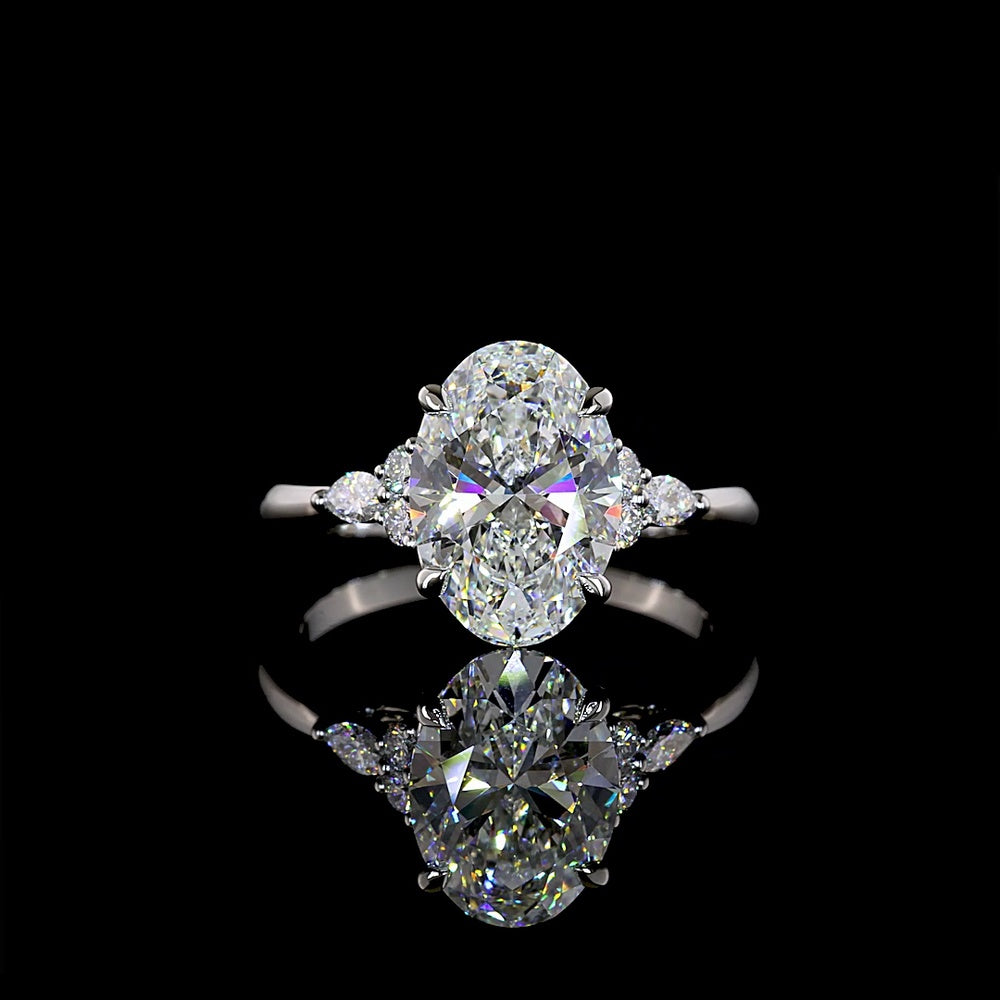 Platinum 3.54cttw Oval Cut Lab Diamond Ring with Marquise and Round Side Stones - F VS2 Center and E VS Accents - Covaloro Fine Jewelry