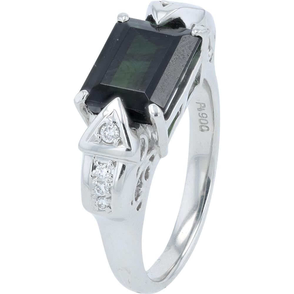 Platinum 3.55 Carat Emerald Cut Green Tourmaline Ring with 0.08 Carat Diamond Accents