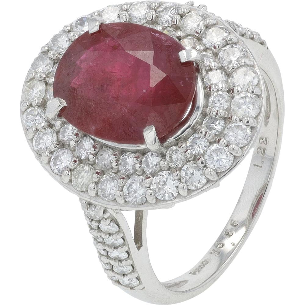 Platinum 3.586 Carat Pigeon Blood Ruby Halo Ring with 1.22 Carat Total Diamond Weight