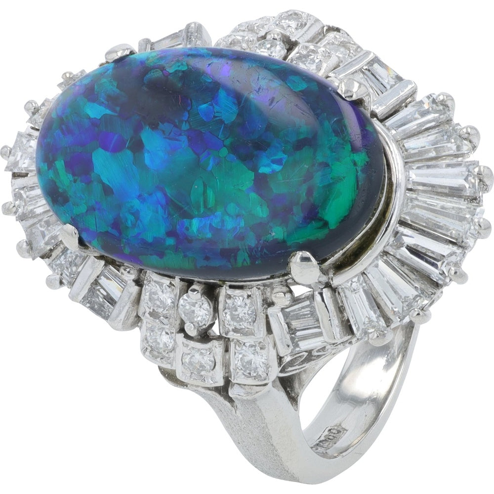 Platinum 3.60 Carat Black Opal Halo Ring with Baguette and Round Diamond Accents - 0.93 Carat Total Diamond Weight