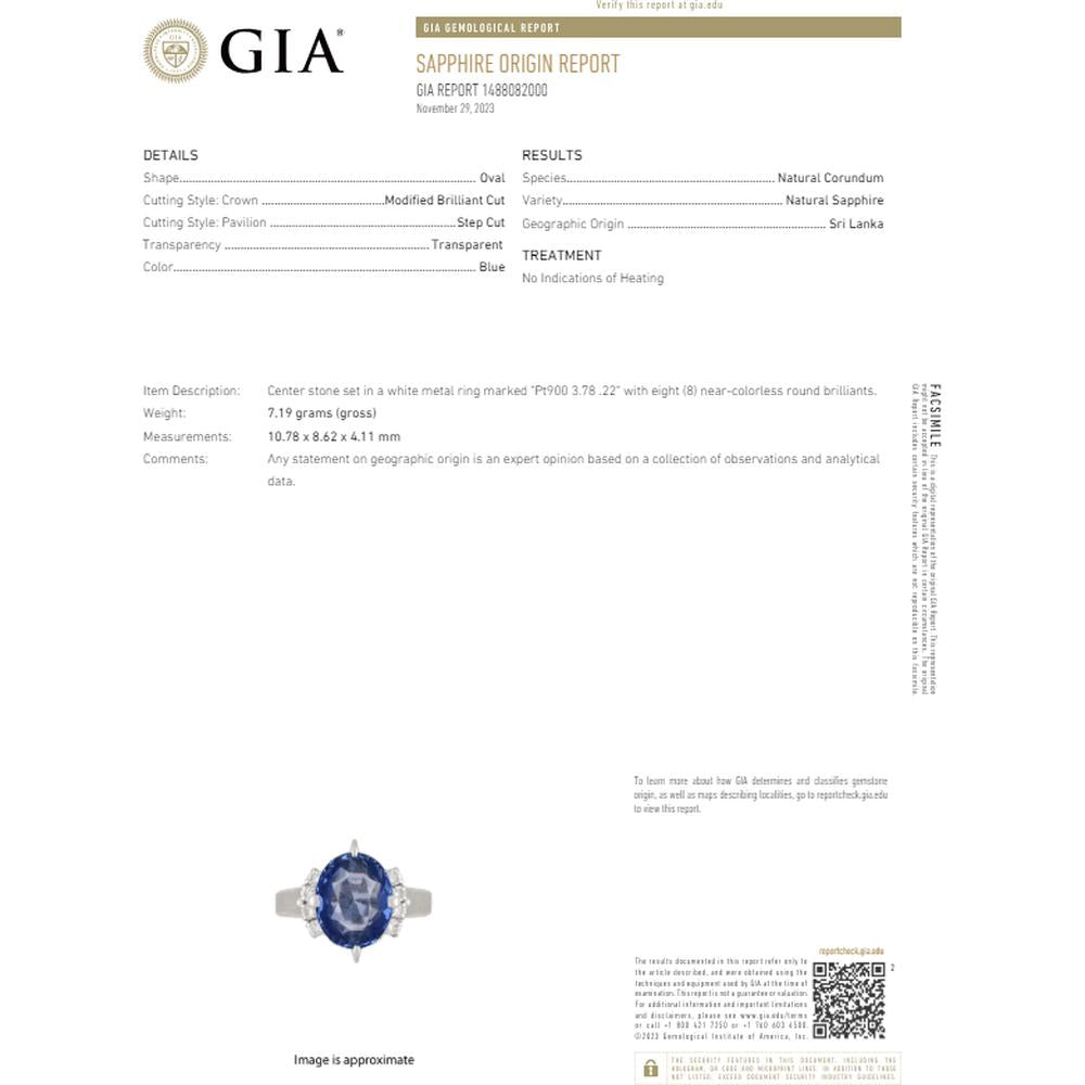 Platinum 3.78 Carat No Heat Ceylon Sapphire Ring with 0.22 Carat Diamond Halo