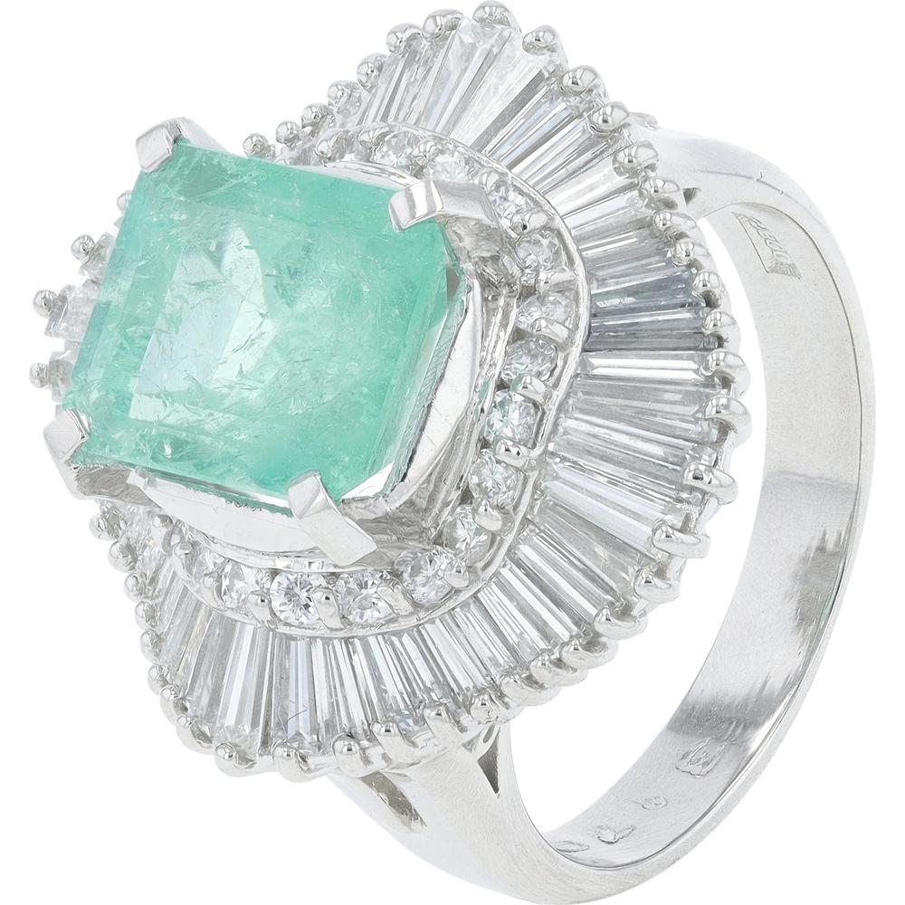 Platinum 3.79 Carat Colombian Emerald Ring with 2.05 Carats Baguette and Round Diamond Halo