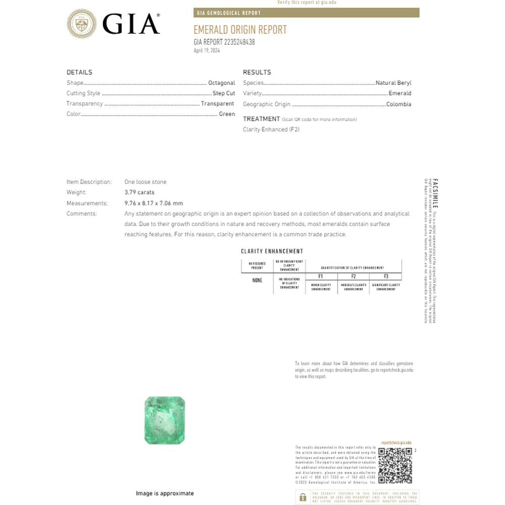 Platinum 3.79 Carat Colombian Emerald Ring with 2.05 Carats Baguette and Round Diamond Halo