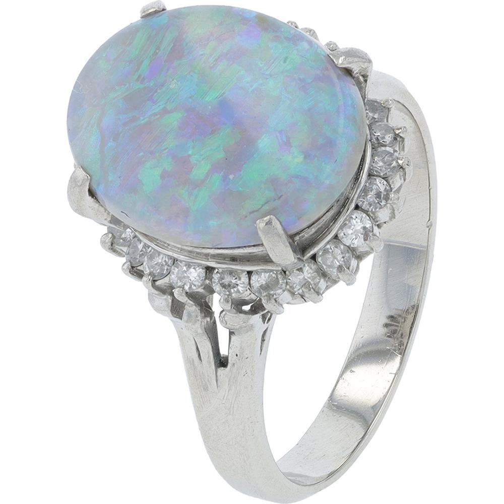 Platinum 3.85 Carat Black Opal Halo Ring with 0.34 Carat Total Diamond Weight