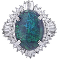 Platinum 3.89 Carat Black Opal Ballerina Ring with Baguette and Round Diamond Halo - 0.87 Carat Total Diamond Weight