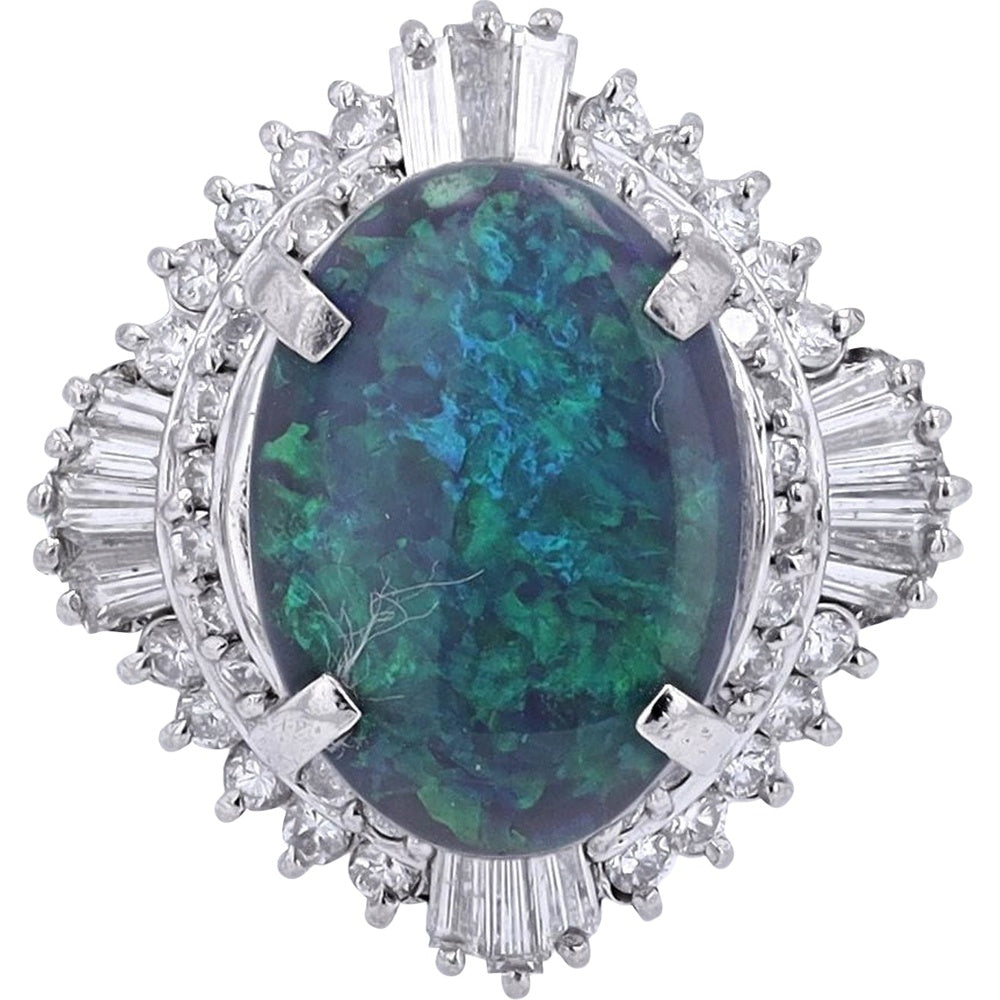 Platinum 3.89 Carat Black Opal Ballerina Ring with Baguette and Round Diamond Halo - 0.87 Carat Total Diamond Weight