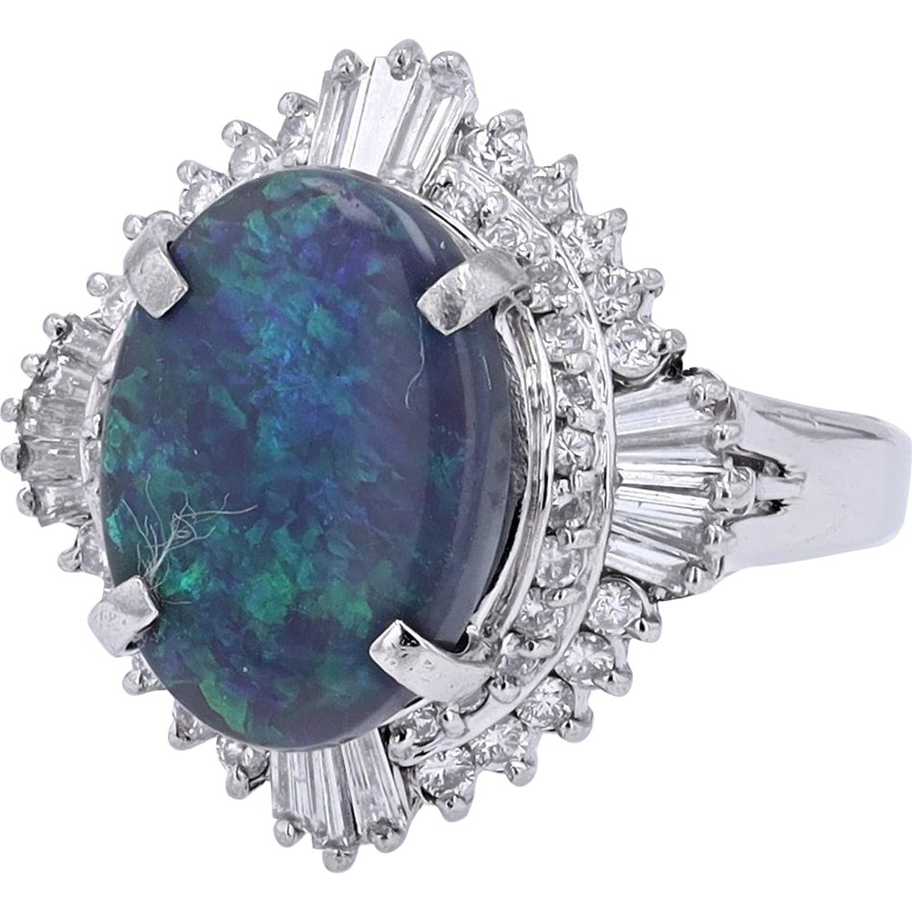 Platinum 3.89 Carat Black Opal Ballerina Ring with Baguette and Round Diamond Halo - 0.87 Carat Total Diamond Weight