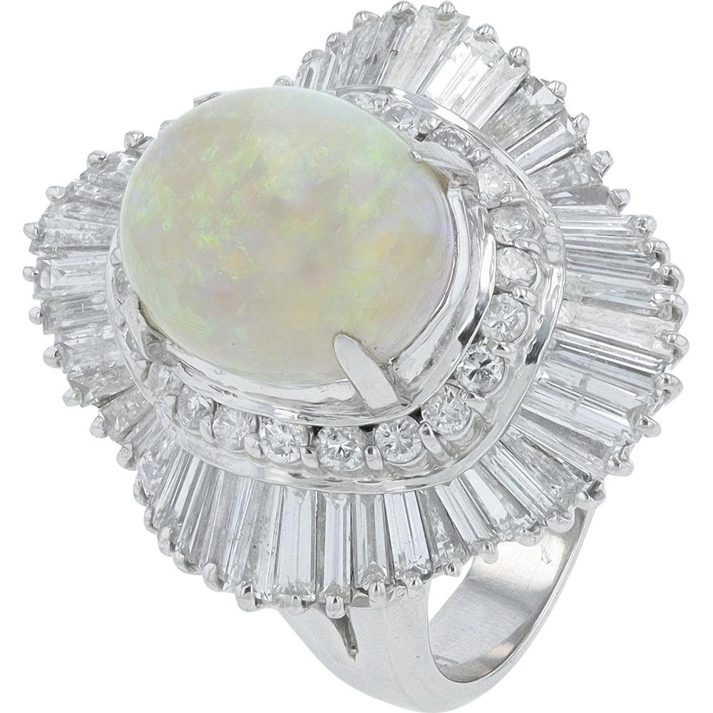 Platinum 3.91 Carat Oval Opal Ring with Diamond Halo - 2.41 Carat Total Diamond Weight