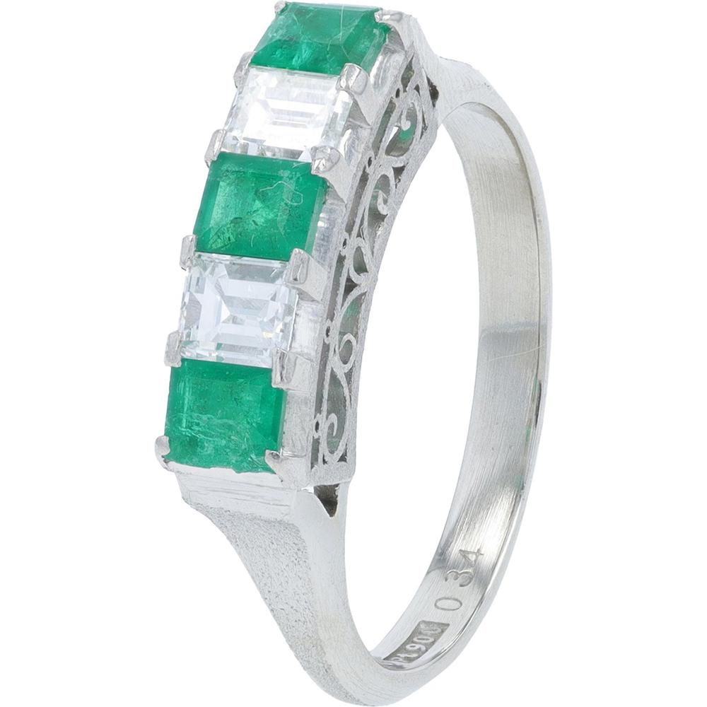 Platinum 3-Stone Emerald and Diamond Ring with Milgrain Detailing - 0.50 Carat Total Emerald Weight and 0.34 Carat Total Diamond Weight