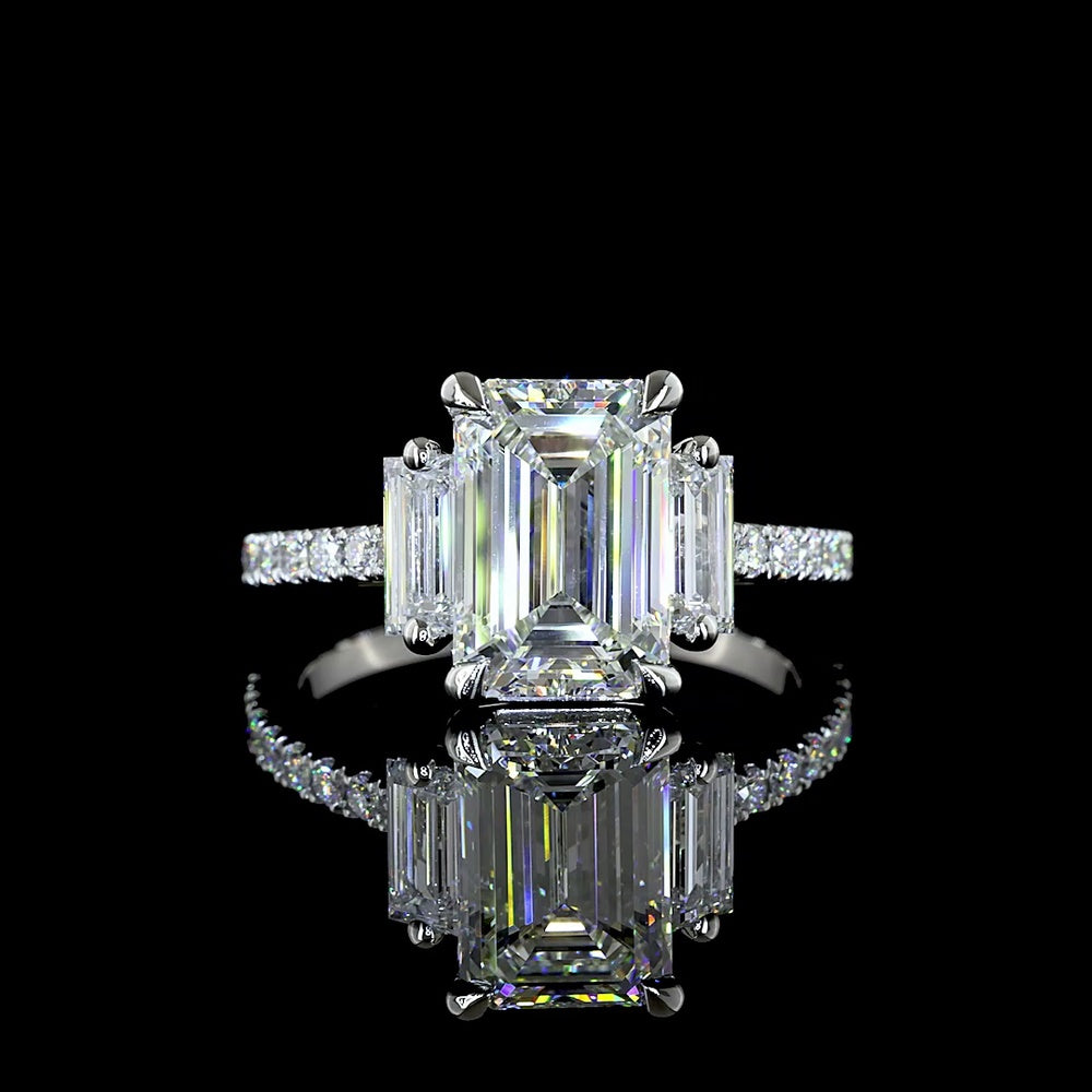 Platinum 3-Stone Hidden Halo Ring with 2.62 Carat Emerald Cut Lab Diamond and Baguette Side Stones - Total 3.38 Carat Diamond Weight - Covaloro Fine Jewelry