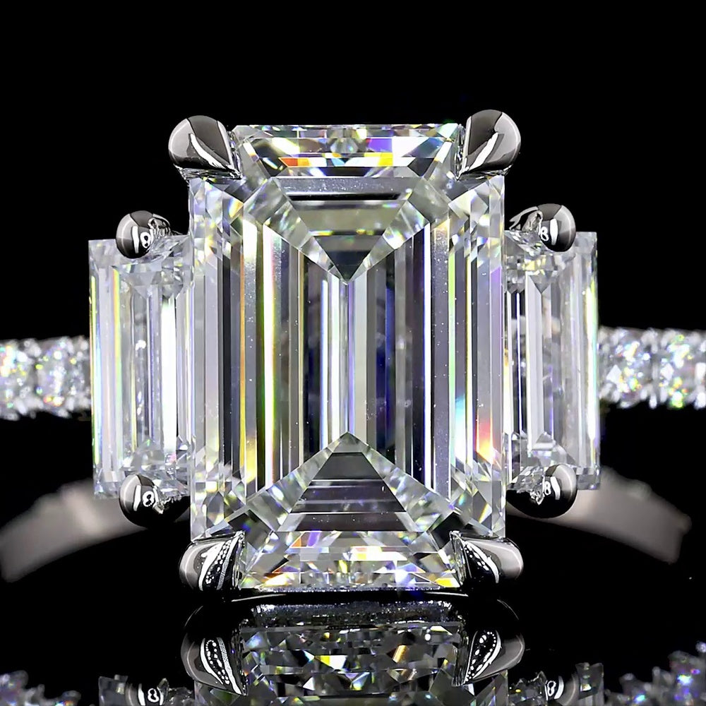 Platinum 3-Stone Hidden Halo Ring with 2.62 Carat Emerald Cut Lab Diamond and Baguette Side Stones - Total 3.38 Carat Diamond Weight - Covaloro Fine Jewelry