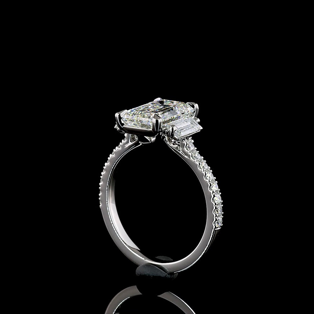Platinum 3-Stone Hidden Halo Ring with 2.62 Carat Emerald Cut Lab Diamond and Baguette Side Stones - Total 3.38 Carat Diamond Weight - Covaloro Fine Jewelry