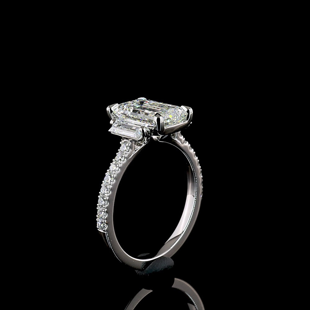 Platinum 3-Stone Hidden Halo Ring with 2.62 Carat Emerald Cut Lab Diamond and Baguette Side Stones - Total 3.38 Carat Diamond Weight - Covaloro Fine Jewelry