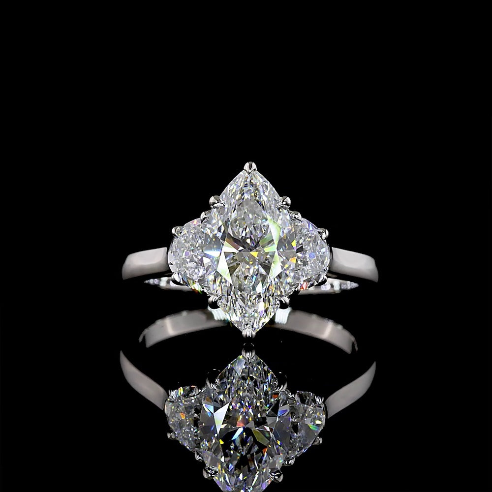 Platinum 3 Stone Ring with 2.04 Carat Marquise Cut Lab Diamond and Half-Moon Side Diamonds - 2.65 Carat Total Diamond Weight - Covaloro Fine Jewelry