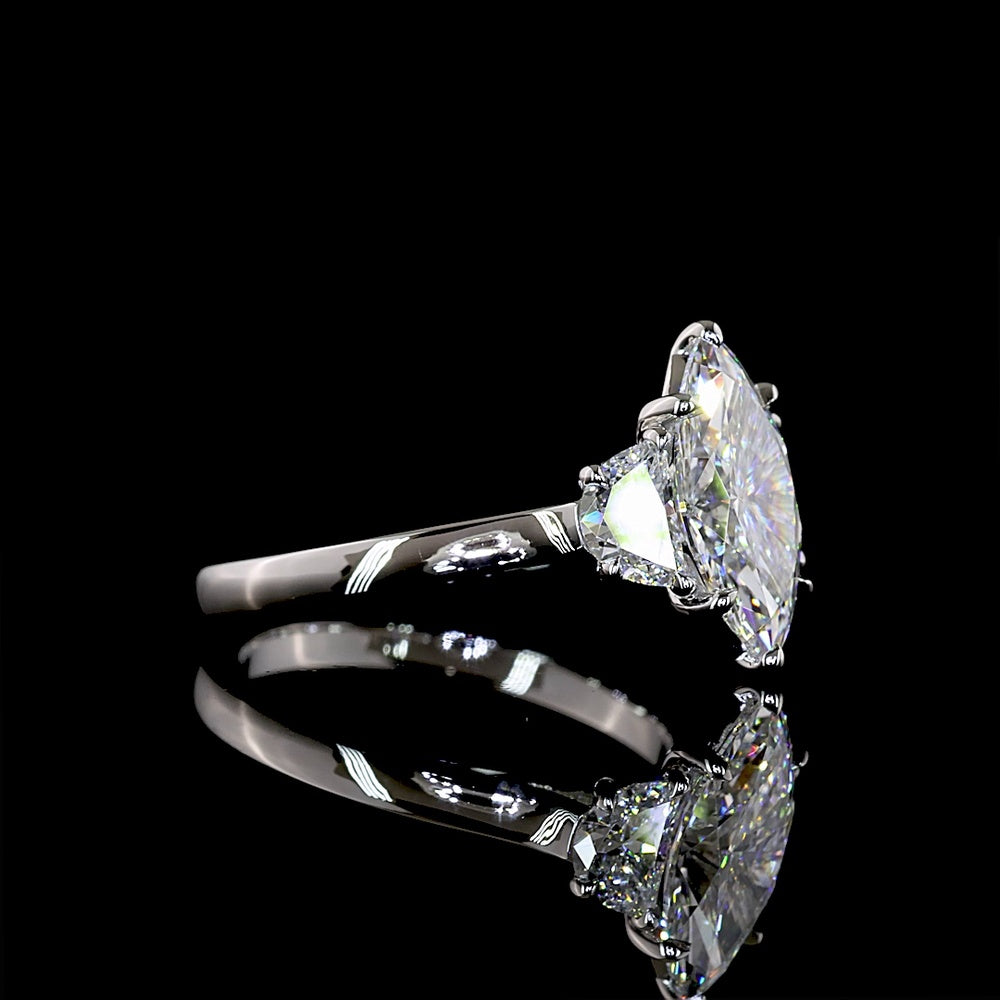 Platinum 3 Stone Ring with 2.04 Carat Marquise Cut Lab Diamond and Half-Moon Side Diamonds - 2.65 Carat Total Diamond Weight - Covaloro Fine Jewelry