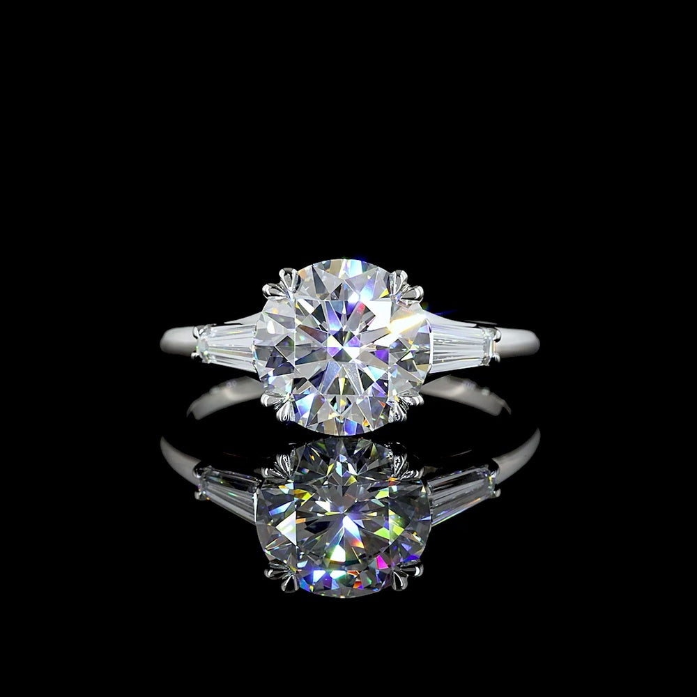 Platinum 3-Stone Ring with 2.54 Carat Round Lab Diamond and Tapered Baguette Accents - 2.93 Total Carat Weight, E-F VVS2 Clarity, IGI Certified - Covaloro Fine Jewelry