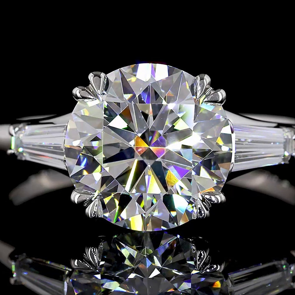 Platinum 3-Stone Ring with 2.54 Carat Round Lab Diamond and Tapered Baguette Accents - 2.93 Total Carat Weight, E-F VVS2 Clarity, IGI Certified - Covaloro Fine Jewelry