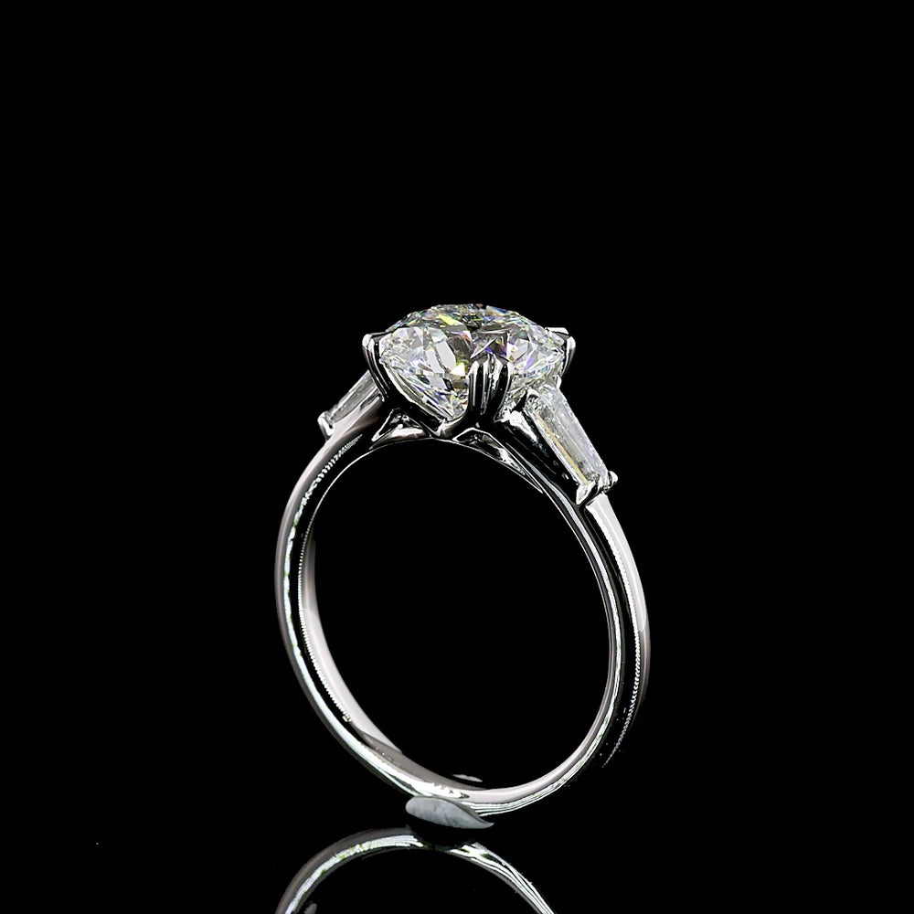 Platinum 3-Stone Ring with 2.54 Carat Round Lab Diamond and Tapered Baguette Accents - 2.93 Total Carat Weight, E-F VVS2 Clarity, IGI Certified - Covaloro Fine Jewelry