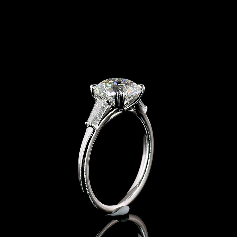 Platinum 3-Stone Ring with 2.54 Carat Round Lab Diamond and Tapered Baguette Accents - 2.93 Total Carat Weight, E-F VVS2 Clarity, IGI Certified - Covaloro Fine Jewelry