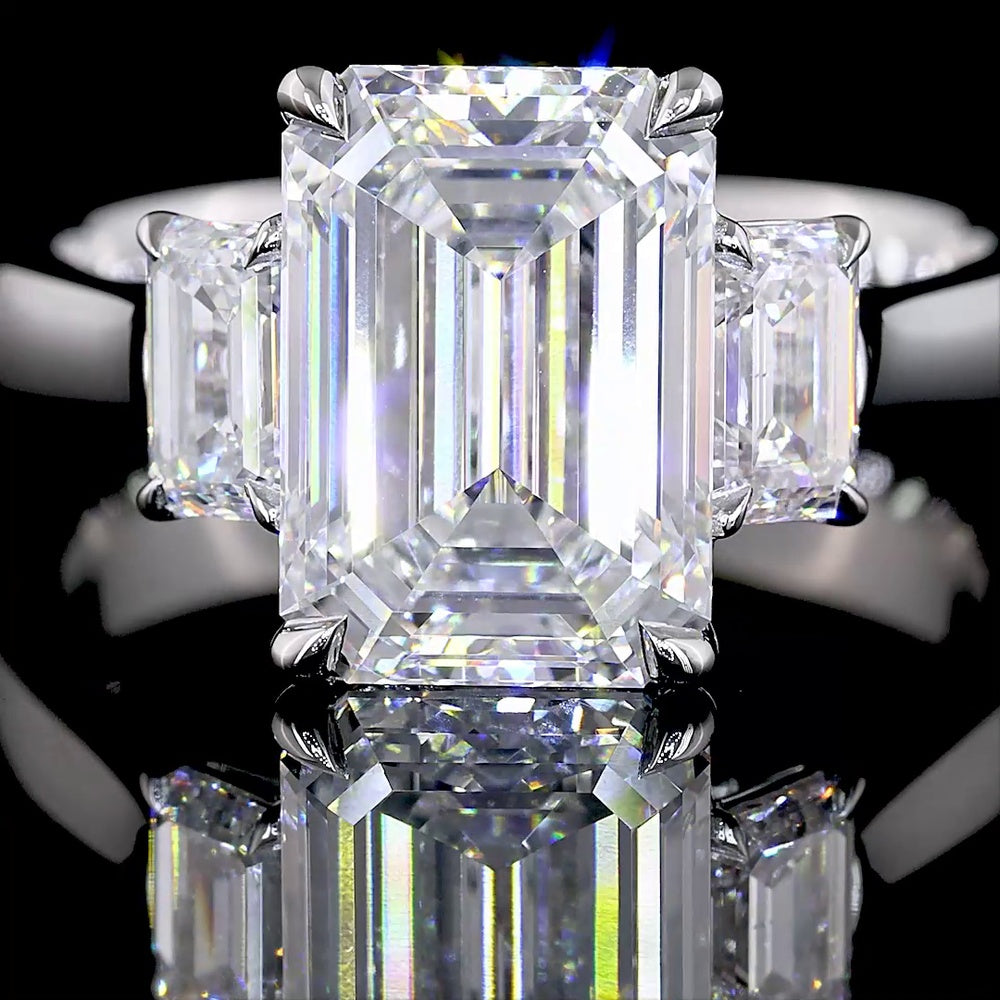 Platinum 3 Stone Ring with 3.01 Carat Emerald Cut Lab Diamond and 0.84 Carat Trapezoid Lab Diamonds - 3.85 Carat Total Weight - Covaloro Fine Jewelry