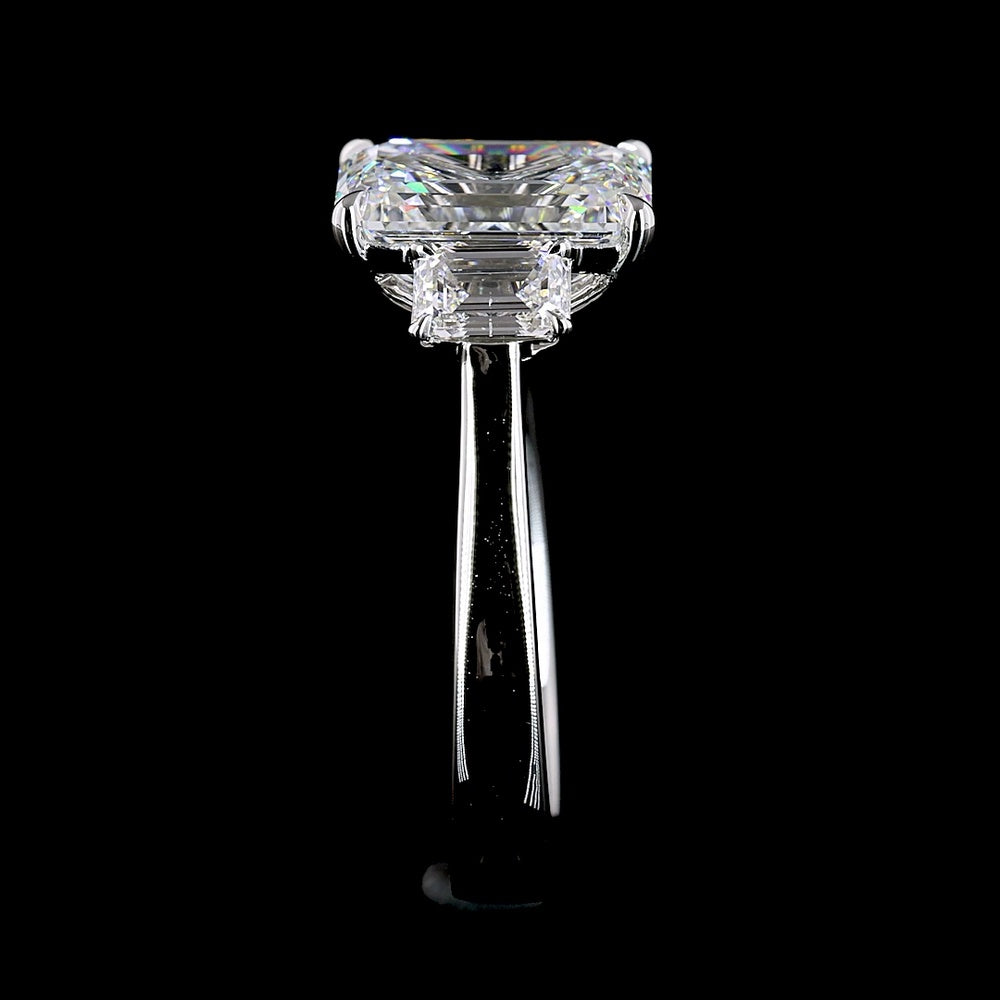 Platinum 3 Stone Ring with 3.01 Carat Emerald Cut Lab Diamond and 0.84 Carat Trapezoid Lab Diamonds - 3.85 Carat Total Weight - Covaloro Fine Jewelry