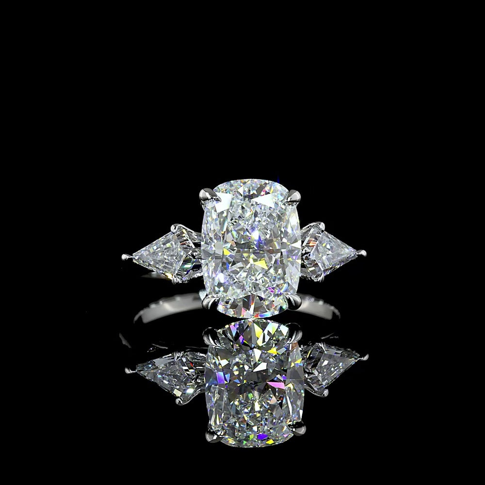Platinum 3 Stone Ring with 3.12 Carats Cushion Brilliant Lab Diamond and Kite Side Stones - 3.80 Carats Total Diamond Weight - Covaloro Fine Jewelry