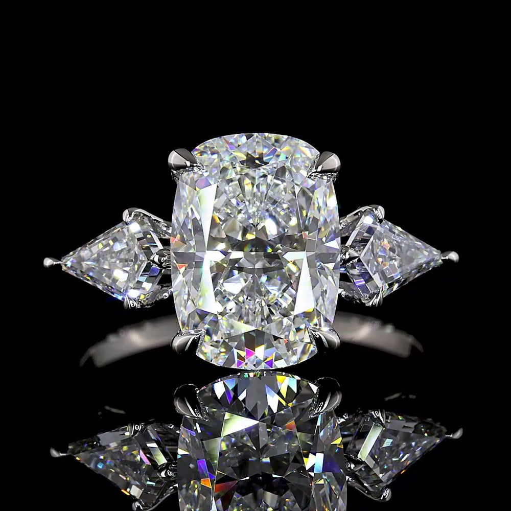Platinum 3 Stone Ring with 3.12 Carats Cushion Brilliant Lab Diamond and Kite Side Stones - 3.80 Carats Total Diamond Weight - Covaloro Fine Jewelry