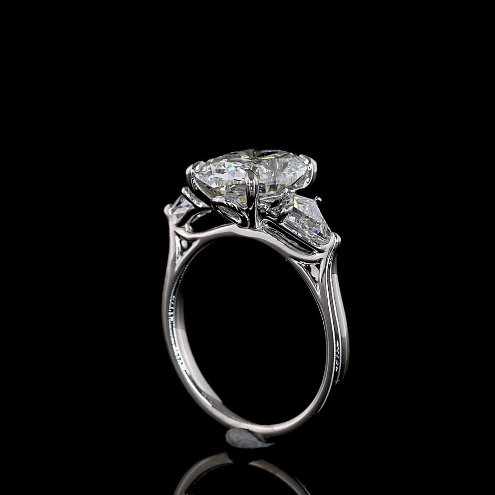 Platinum 3 Stone Ring with 3.12 Carats Cushion Brilliant Lab Diamond and Kite Side Stones - 3.80 Carats Total Diamond Weight - Covaloro Fine Jewelry