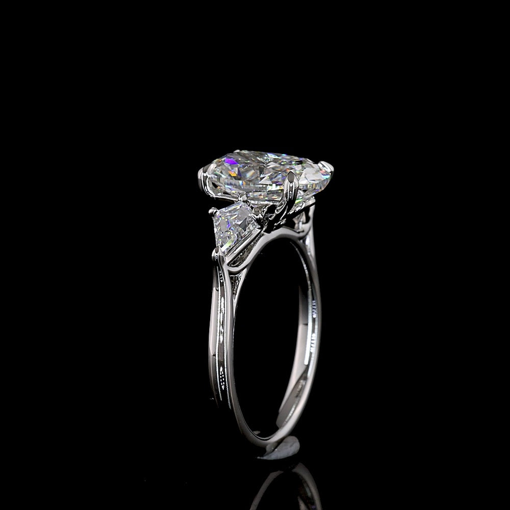 Platinum 3 Stone Ring with 3.12 Carats Cushion Brilliant Lab Diamond and Kite Side Stones - 3.80 Carats Total Diamond Weight - Covaloro Fine Jewelry
