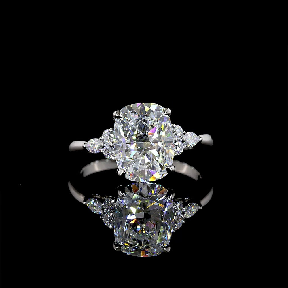 Platinum 3-Stone Ring with 3.43 Carat Cushion Brilliant Lab Diamond F VVS2 and Marquise & Round Side Diamonds - 3.67 Carat Total Weight - Covaloro Fine Jewelry