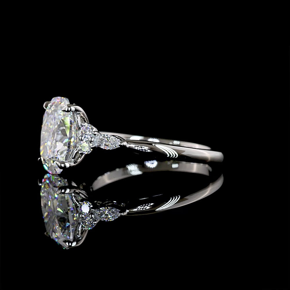 Platinum 3-Stone Ring with 3.43 Carat Cushion Brilliant Lab Diamond F VVS2 and Marquise & Round Side Diamonds - 3.67 Carat Total Weight - Covaloro Fine Jewelry