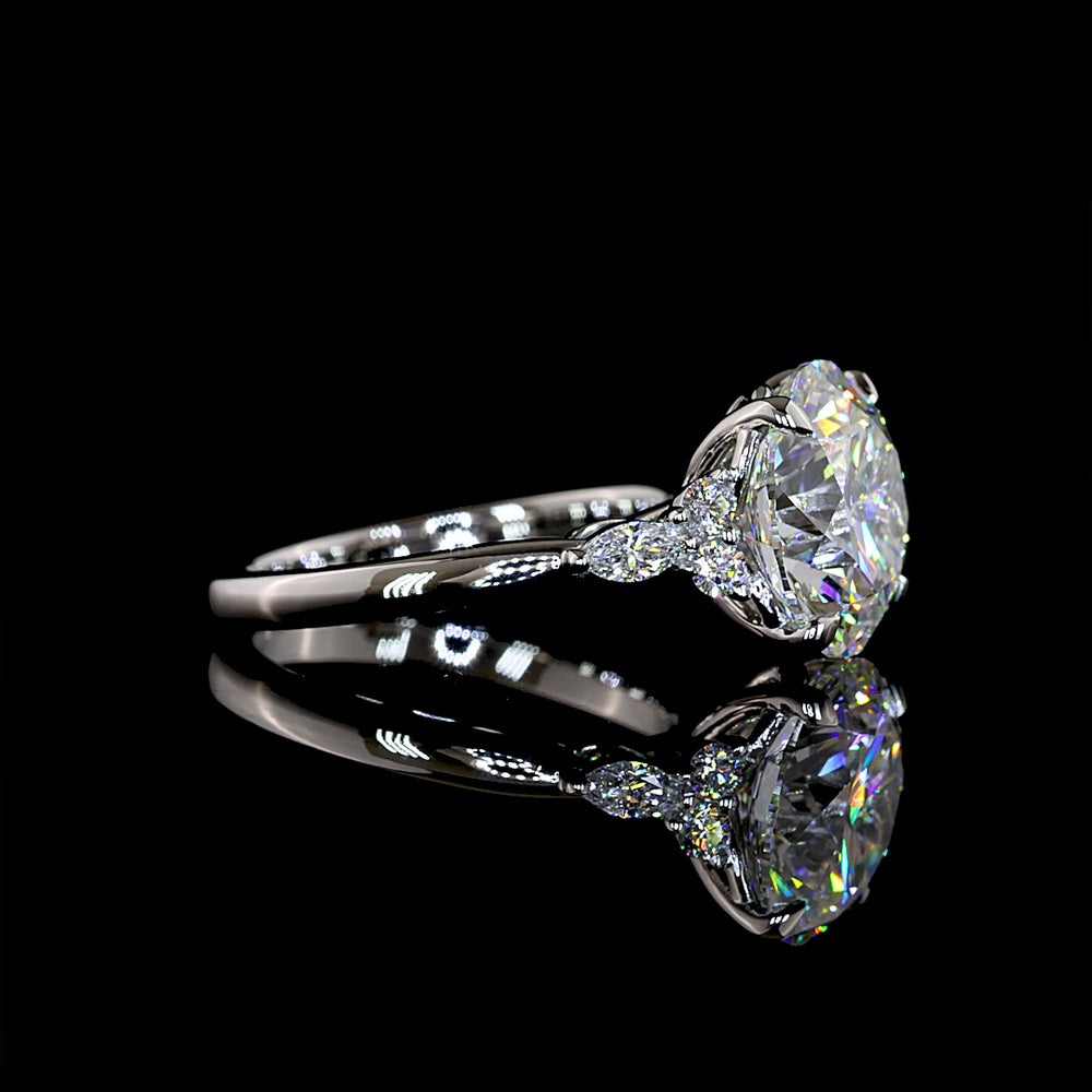 Platinum 3-Stone Ring with 4.51 Carats Round Brilliant Lab Diamond Center and Marquise & Round Accent Diamonds - 4.76 Carats Total Diamond Weight - Covaloro Fine Jewelry