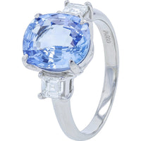 Platinum 3-Stone Ring with Oval 3.70 Carat Madagascar Sapphire and 0.36 Carat Diamond Accents - GIA Certified