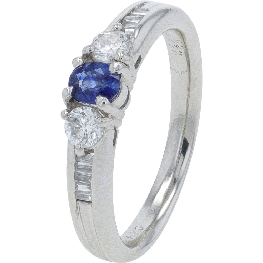 Platinum 3-Stone Ring with Oval Sapphire and Round Diamonds - 0.24 Carat Sapphire and 0.30 Carat Total Diamond Weight