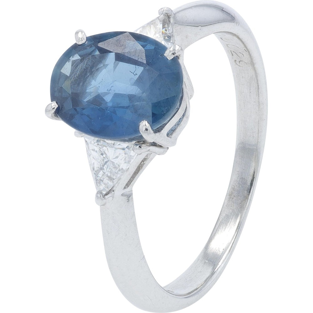 Platinum 3-Stone Ring with Oval Sapphire and Trillion Cut Diamonds - 2.10 Carat Sapphire and 0.29 Carat Total Diamond Weight