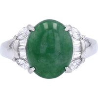 Platinum 4.06 Carat Jade Ring with Marquise and Baguette Diamond Accents - 0.41 Carat Total Diamond Weight