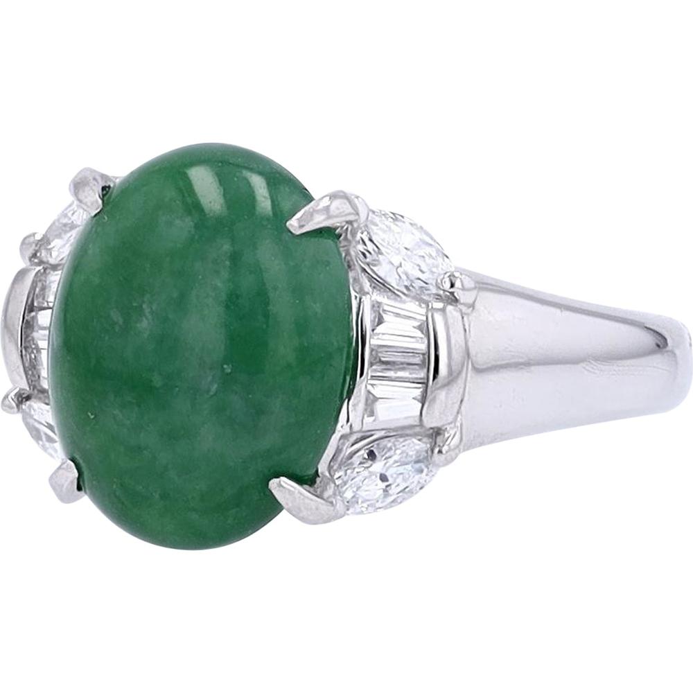Platinum 4.06 Carat Jade Ring with Marquise and Baguette Diamond Accents - 0.41 Carat Total Diamond Weight
