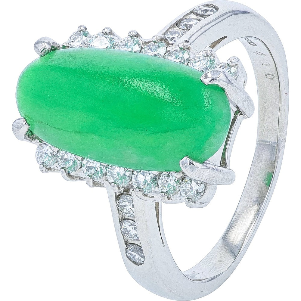 Platinum 4.10 Carat Oval Cabochon Jade Ring with Halo Set Round Diamonds - 0.46 Carat Total Diamond Weight