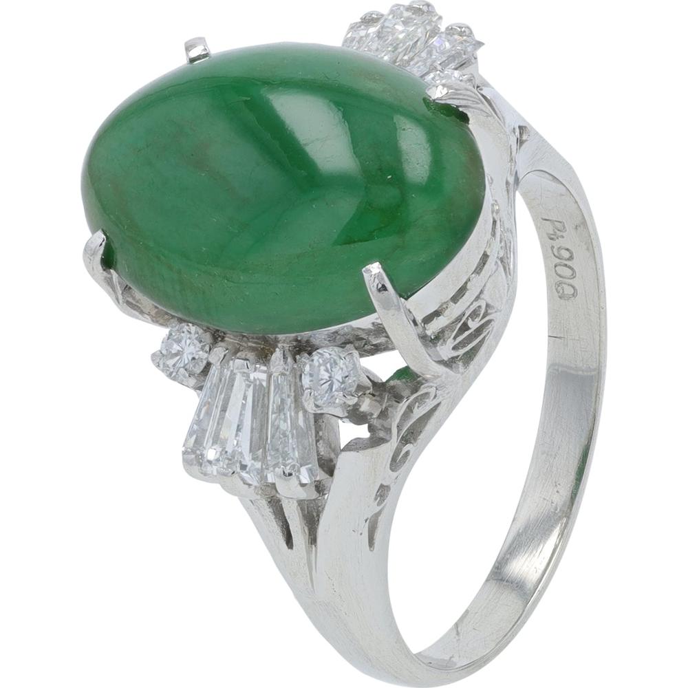 Platinum 4.16 Carat Cabochon Jade Ring with 0.51 Carat Diamond Accents